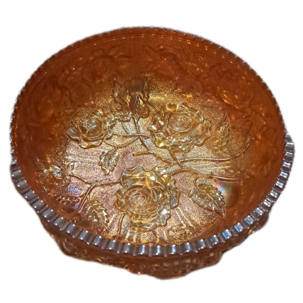 Vintage FENTON Carnival Glass 3  Footed Bowl 7-1/4"  Marigold Roses Sawtooth Rim